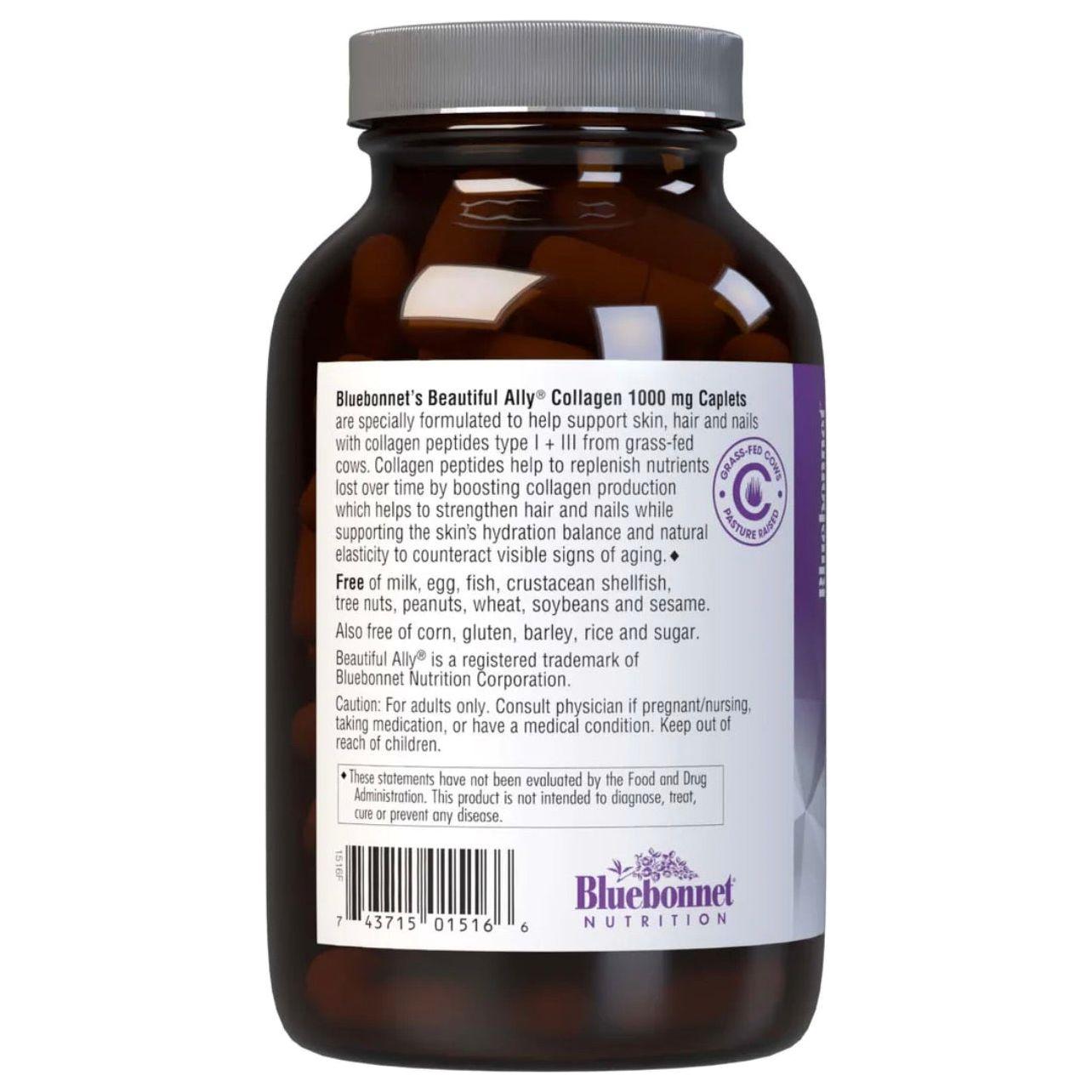 Bluebonnets Beautiful Ally Collagen 1000 mg dietary supplement caplets by Pasteur Pharmacy, featuring bluebonnet flowers on the bottle.