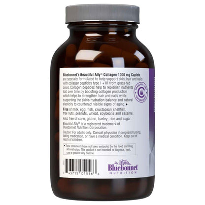 Bluebonnets Beautiful Ally Collagen 1000 mg dietary supplement caplets by Pasteur Pharmacy, featuring bluebonnet flowers on the bottle.