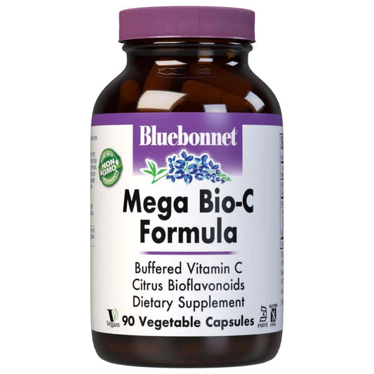 Bluebonnets Mega Bio-C Formula dietary supplement capsules in a clear bottle with a white label and blue accents.