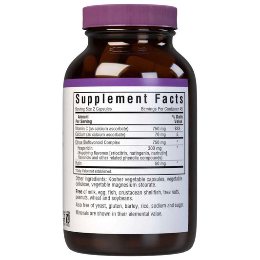 Bluebonnets Mega Bio-C Formula dietary supplement in 90 vegetable capsules, featuring natural ingredients for immune support.