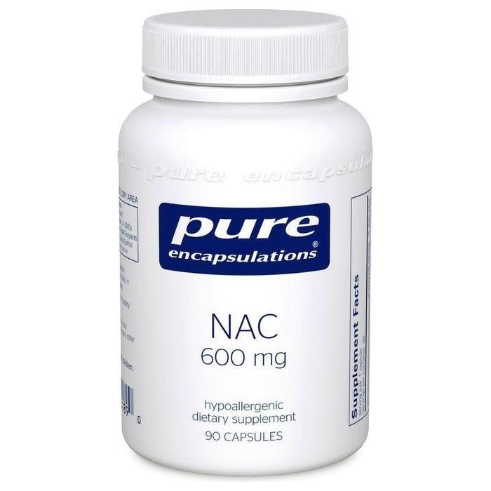 Pure Encapsulations NAC 600mg dietary supplement capsules, showing 90 capsules in a bottle for immune support and antioxidant health.