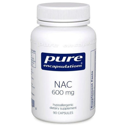 Pure Encapsulations NAC 600mg dietary supplement capsules, showing 90 capsules in a bottle for immune support and antioxidant health.