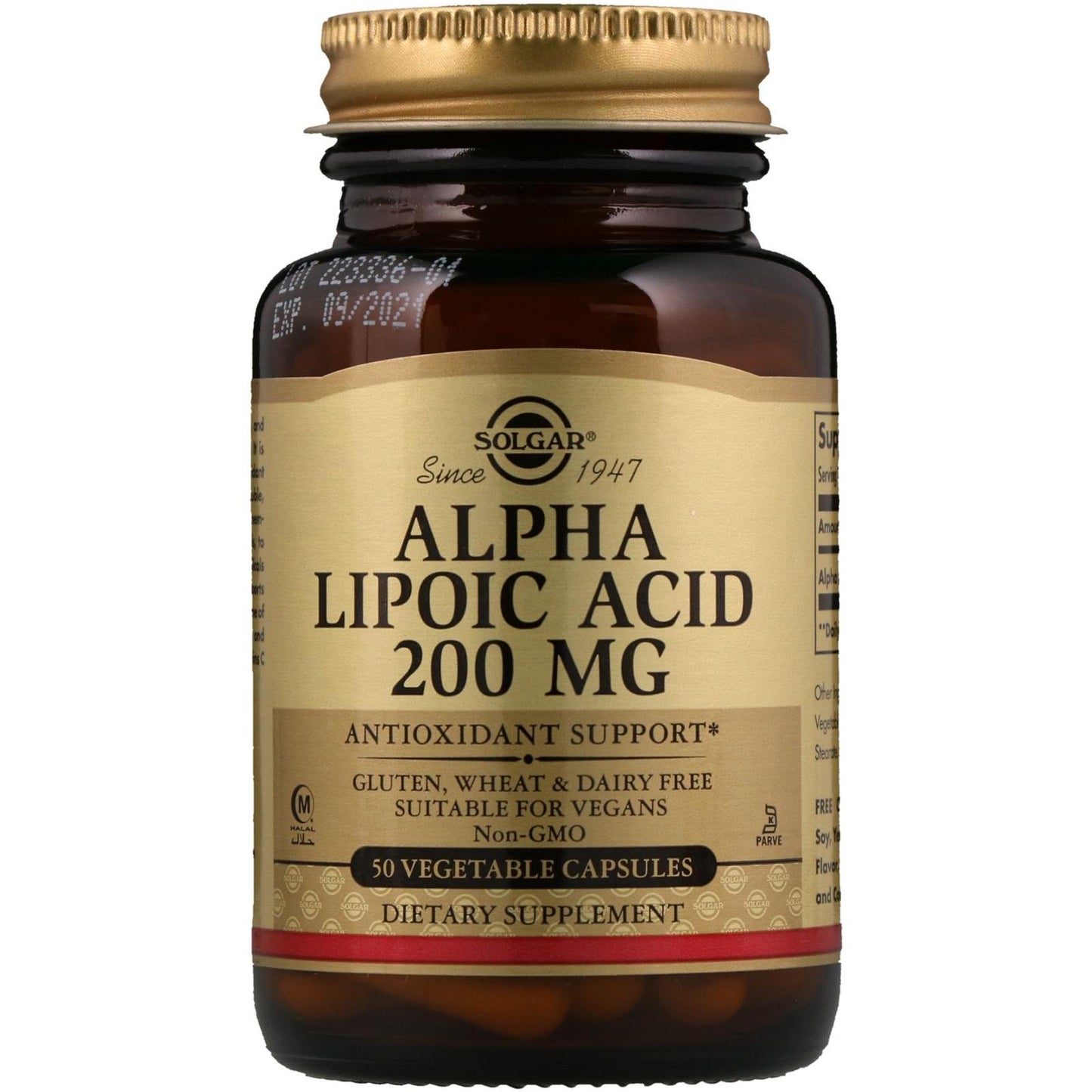Solgar Alpha Lipoic Acid 200mg dietary supplement in 50 vegetable capsules, displayed in clear bottle with label.