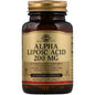 Solgar Alpha Lipoic Acid 200mg dietary supplement in 50 vegetable capsules, displayed in clear bottle with label.
