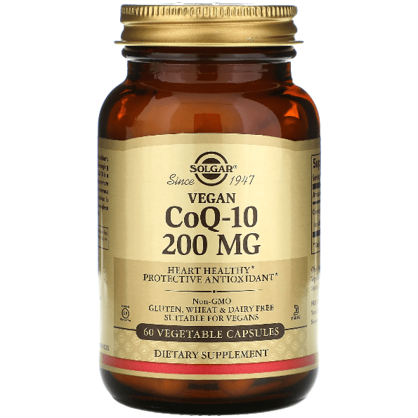 Solgar CoQ-10 200mg dietary supplement capsules in a bottle, designed for cardiovascular health and energy support.
