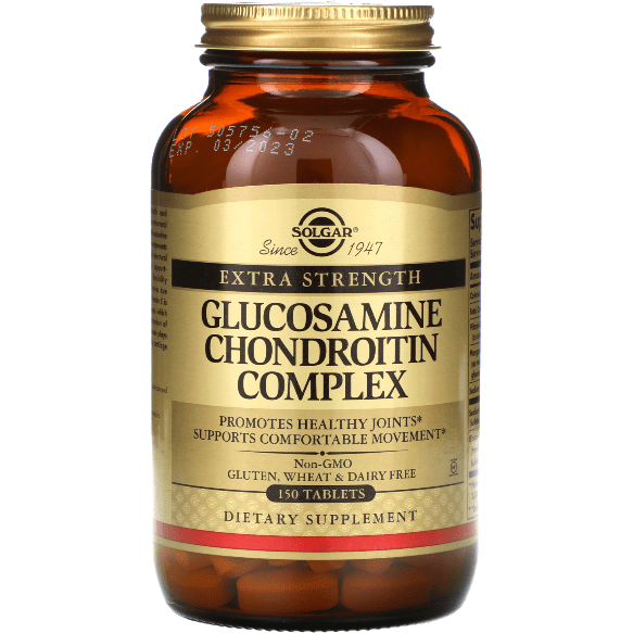 Solgar Extra Strength Glucosamine Chondroitin Complex dietary supplement bottles with 150 tablets on a white background