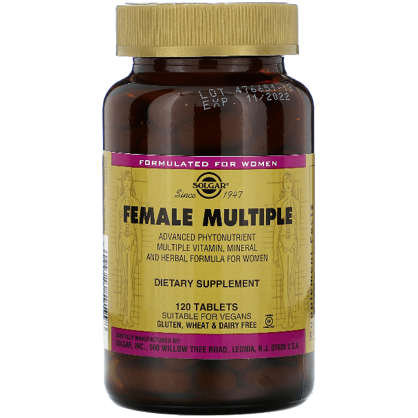 Solgar Female Multiple dietary supplement bottles with 120 tablets, designed for women's health and nutrition.