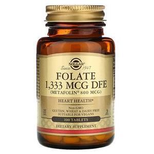 Solgar Folate (Metafolin) 800 mcg dietary supplement bottle with 100 tablets, displayed on a plain background.