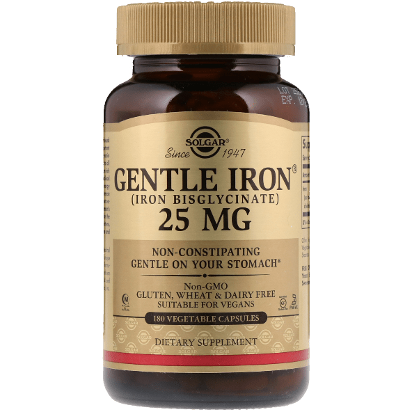Solgar Gentle Iron 25 mg dietary supplement in 180 vegetable capsules, shown in a bottle with label detailing product information.