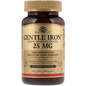 Solgar Gentle Iron 25 mg dietary supplement in 180 vegetable capsules, shown in a bottle with label detailing product information.