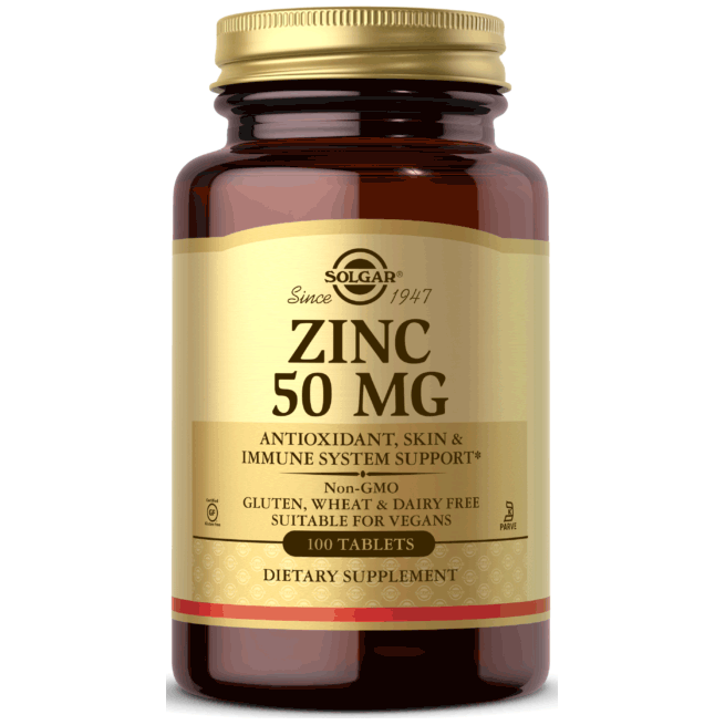 Solgar Kosher Zinc 50 dietary supplement bottle with 100 tablets, used to support immune health and zinc intake.