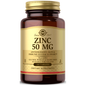 Solgar Kosher Zinc 50 dietary supplement bottle with 100 tablets, used to support immune health and zinc intake.