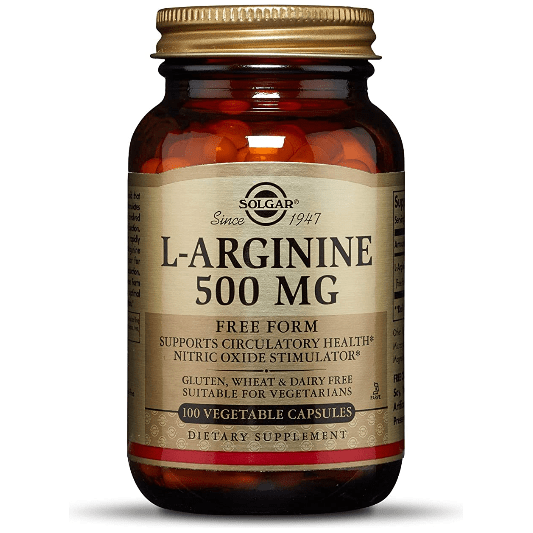 Solgar L-Arginine 500mg dietary supplement in 100 vegetable capsules, featuring clear label and capsule details.