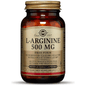Solgar L-Arginine 500mg dietary supplement in 100 vegetable capsules, featuring clear label and capsule details.