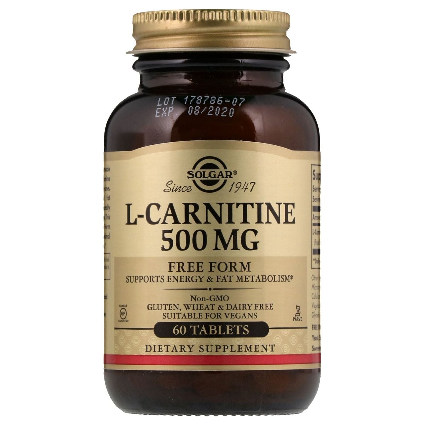Solgar L-Carnitine 500mg dietary supplement tablets in bottle, used to support energy and metabolism.