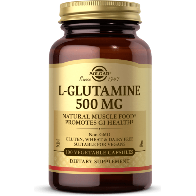 Bottle of Solgar L-Glutamine 500mg dietary supplement capsules in a clear container with a label showing the product name.