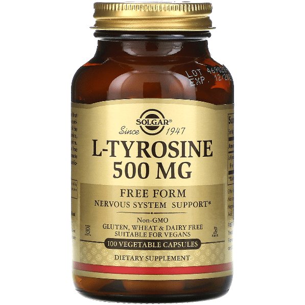 Solgar L-Tyrosine 500mg dietary supplement capsules, 100 vegetarian capsules, natural amino acid supplement for mental focus.
