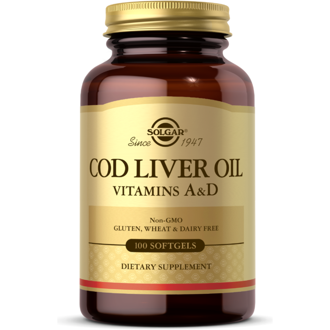 Solgar Norwegian Cod Liver Oil dietary supplement in 250 softgels, showing softgel capsules in the bottle.