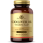 Solgar Norwegian Cod Liver Oil dietary supplement in 250 softgels, showing softgel capsules in the bottle.