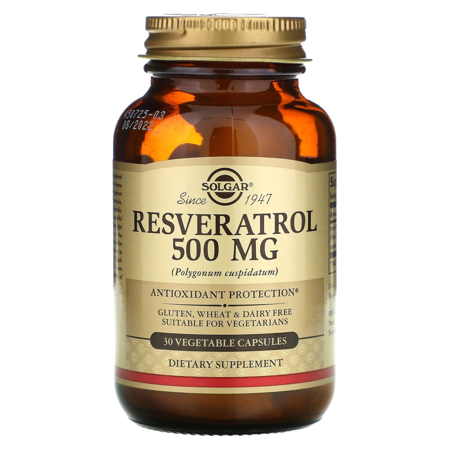 Solgar Resveratrol 500mg dietary supplement in 30 vegetable capsules, natural antioxidant support, by Pasteur Pharmacy