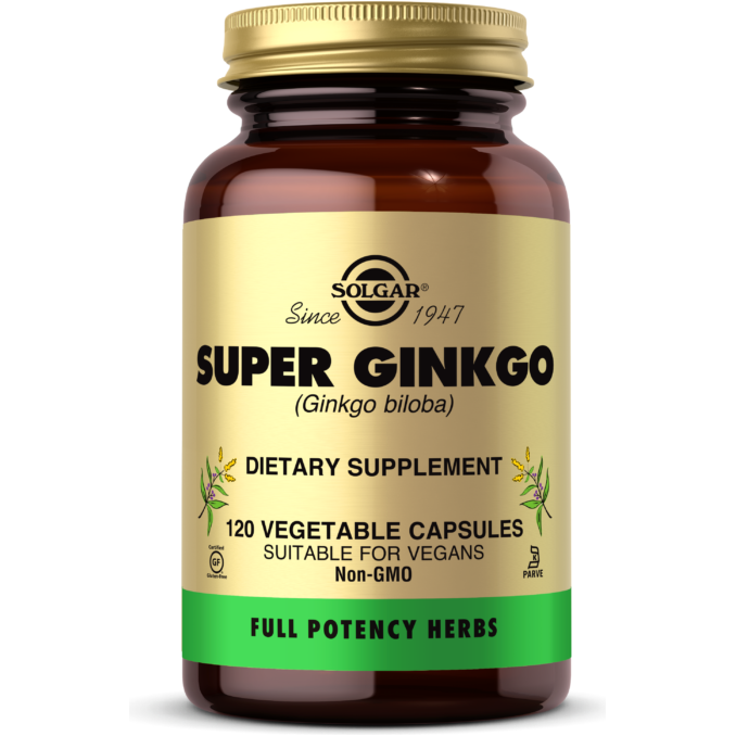 Solgar Super Ginkgo dietary supplement in 120 vegetable capsules, featuring natural ginkgo extract for cognitive support.