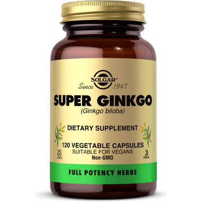 Solgar Super Ginkgo dietary supplement in 120 vegetable capsules, featuring natural ginkgo extract for cognitive support.
