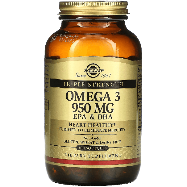Solgar Triple Strength Omega-3 950mg dietary supplement softgels in a bottle, designed for heart and brain health.