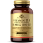 Solgar Vitamin D3 (Cholecalciferol) 400 IU dietary supplement in 100 softgels, natural softgel capsules on a white background.