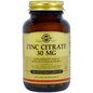 Solgar Zinc Citrate 30mg dietary supplement in 100 vegetable capsules, shown in a bottle with a white label.