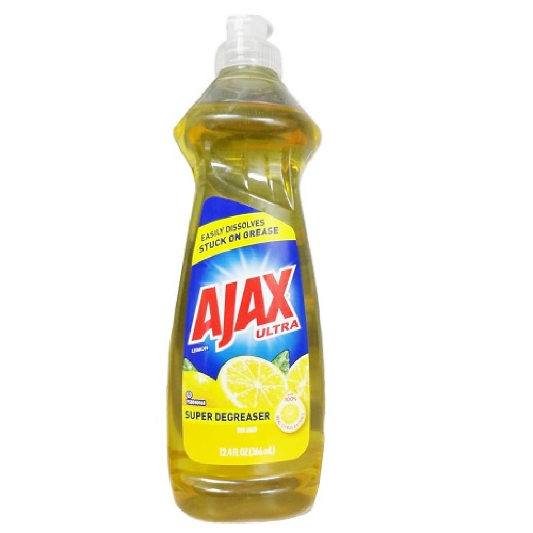 Ajax Dish Liquid Super Degreaser with Lemon Scent in 12.4 fl oz bottle, natural dish soap for removing grease and grime