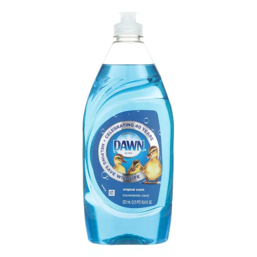 Dawn Ultra Dish Soap in original scent, 18 fl oz bottle, with soap lather and clean dishes in a kitchen setting