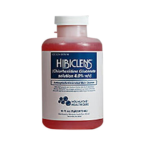 Molnlycke Hibiclens Skin Cleanser dish soap in a bottle, used for skin cleansing and antimicrobial protection.