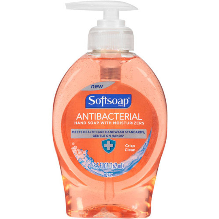 Softsoap Antibacterial Liquid Hand Soap in Crisp Clean scent, displayed in a clear pump bottle, ideal for handwashing and hygiene.
