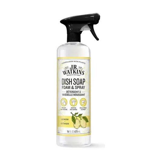 J.R. Watkins Lemon Dish Soap Foam & Spray 16 oz in a clear bottle with yellow lemon label, suitable for hand and dish cleaning.