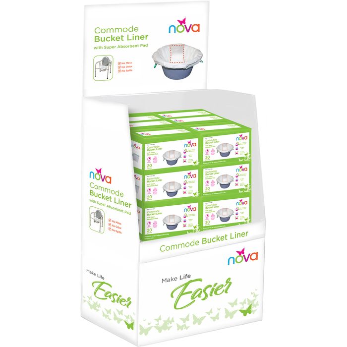 Commode Liner Display Board by Pasteur Pharmacy showing different liner options on a clean white background.