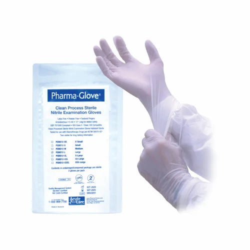 White sterile nitrile disposable gloves with cuffs, large size, from Pasteur Pharmacy, suitable for chemo and medical use, 12 inches long.