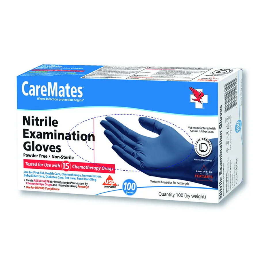 Medium CareMates Nitrile Powder-Free Examination Gloves, disposable gloves by Pasteur Pharmacy, shown in a clean, open position.
