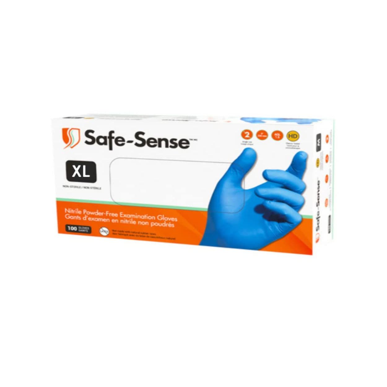 Box of Safe-Sense Powder-Free Nitrile Gloves in X-Large size, 100 disposable gloves in a dispenser box, by Pasteur Pharmacy.