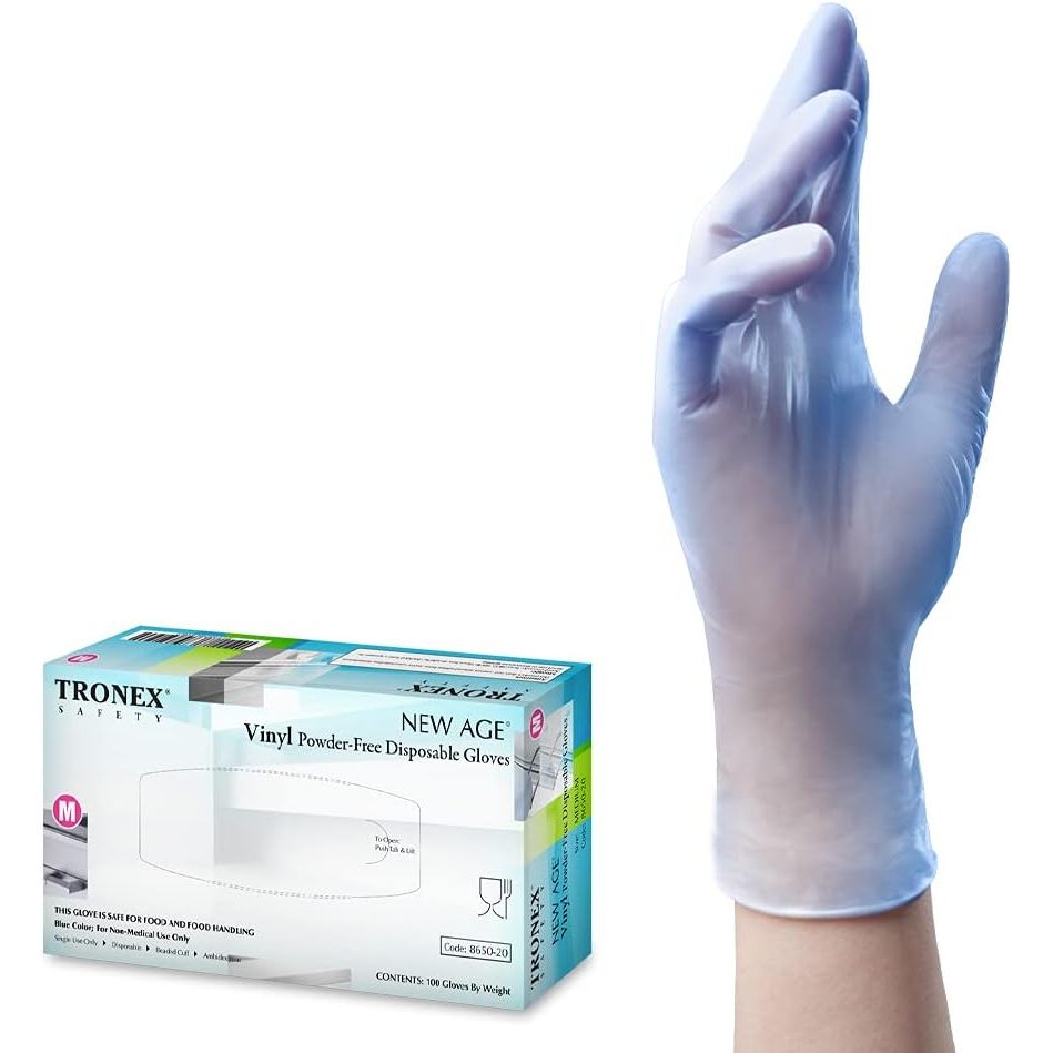 Blue vinyl disposable gloves from Tronex, powder-free, large size, ideal for medical or cleaning use.