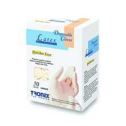 Pasteur Pharmacy Tronex latex exam gloves, powder-free, universal size, 50-count box, disposable medical gloves displayed.