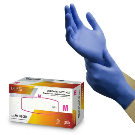 Small disposable nitrile gloves by Tronex, powder-free, shown in a close-up image with textured surface for hand protection.
