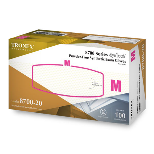 Tronex SynTech synthetic powder-free examination gloves, disposable medical gloves with a smooth surface and secure fit.
