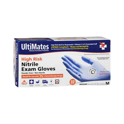 Medium-sized Pasteur Pharmacy Ultimates High Risk Nitrile Exam Gloves with extended cuffs, disposable medical gloves for safety and hygiene.