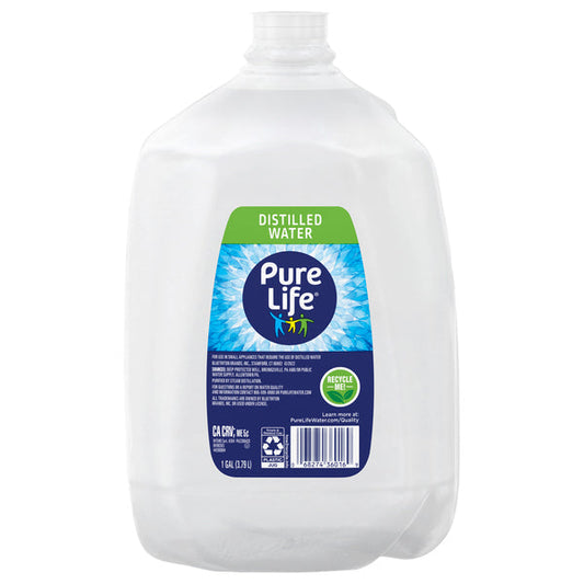 Pure Life distilled water in a 1-gallon container by Pasteur Pharmacy, clear and sealed for purity and hydration.
