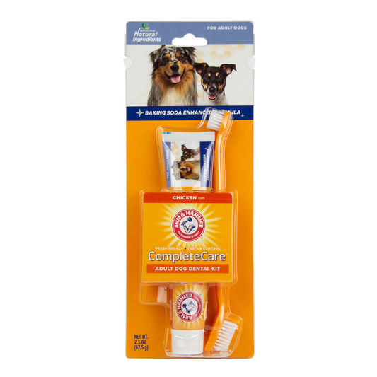 Arm & Hammer Complete Care adult dog dental kit with two 2.5oz packs, including toothbrushes and dental treats for oral health.