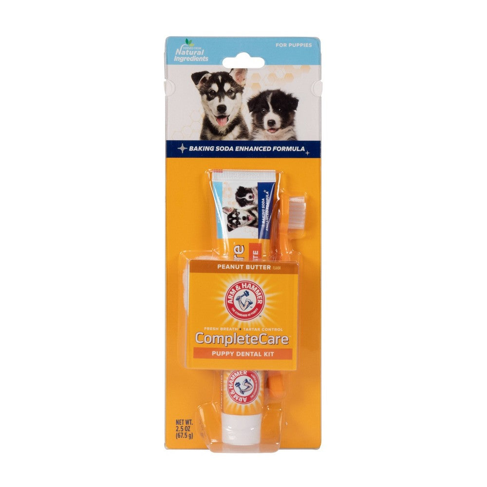 Arm & Hammer Complete Care Puppy Dental Kit with 2.5oz toothpaste for dog dental health and oral hygiene.