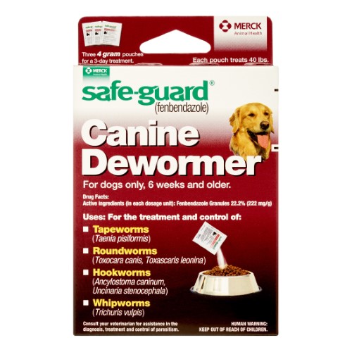 Pasteur Pharmacy Excel Safe Guard Canine Dewormer for large dogs, 4-gram package, shown in a dog supplies product image.