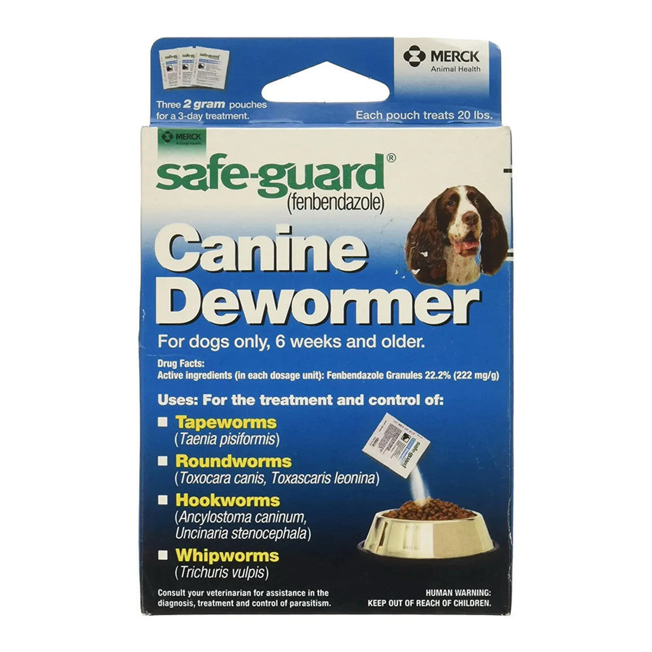 Merck Safeguard 2-gram canine dewormer for dogs, in packaging, used for eliminating intestinal parasites.