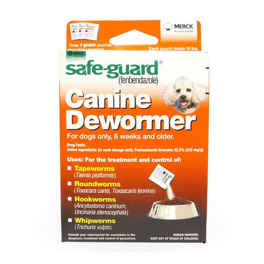 Merck Safeguard Canine Dewormer 1gm in packaging, designed for dog health, from Pasteur Pharmacy dog supplies collection.