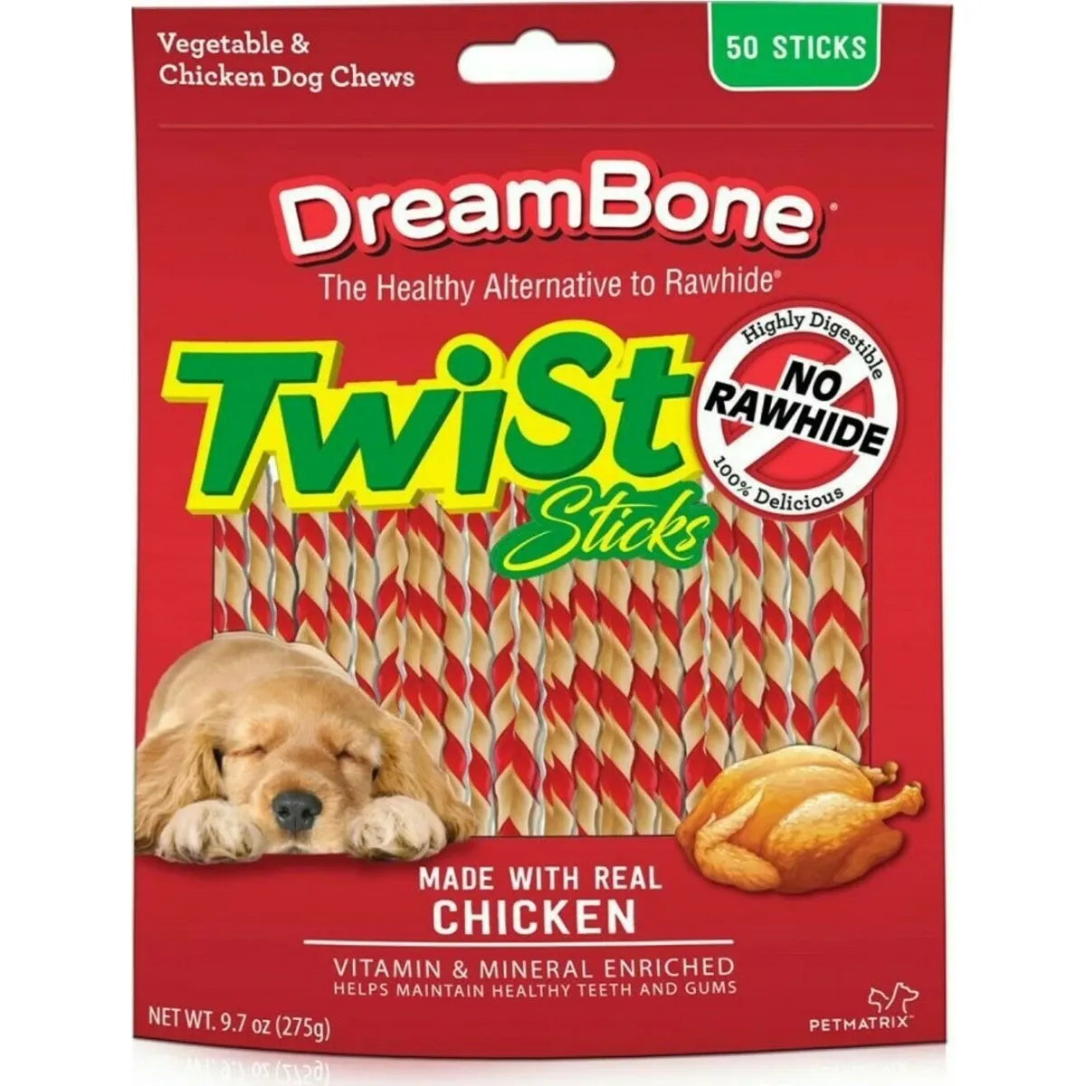 DreamBone Twist Sticks dog treats by Pasteur Pharmacy, rawhide-free chews for dogs, showing the twisted treat sticks in packaging.